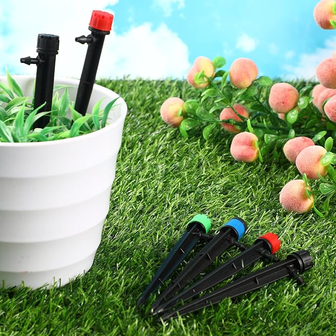 Mudder 100 Pieces 5.2 Inches Drip Emitters Fan Drip Emitters for 1/4 Inch Drip Irrigation Tubing 360 Degree Adjustable Irrigation Drippers Micro Spray Irrigation Drippers Stake Drip Emitter Plastic