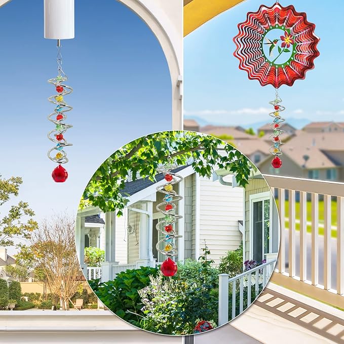 FONMY Gazing Ball Spiral Tail -Decorative Wind Spinner Sun Catcher Rainbow Maker Double-Spiral W/Red Crystal Ball and Chain Crystals for Indoor Outdoor Garden Decoration -14 inch Height