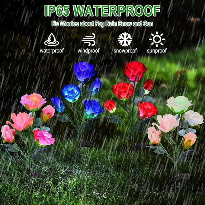 ANGMLN 4 Pack Solar Garden Lights, Solar Flower Lights Outdoor Waterproof with 20 Head Rose 7-Color Changing Landscape Light for Garden Yard Pathway Patio Grave Cemetery Decoration