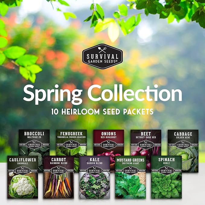 Survival Garden Seeds Spring Vegetable Seed Collection - 10 Packs with Root Veg, Leafy Greens & Cool Weather Essentials for Planting & Gardening- Non-GMO Heirloom Open-Pollinated Variety Pack
