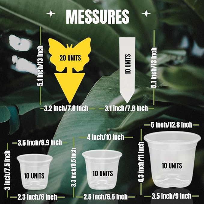 Roots Garden Eco-Friendly 30 Pack Clear Pots with Drainage-5/4/3.5 Inch-Durable and Reusable Pots for Indoor and Outdoor Plants-Plastic Planter Pots-20 Stickers and10 Plant Labels.