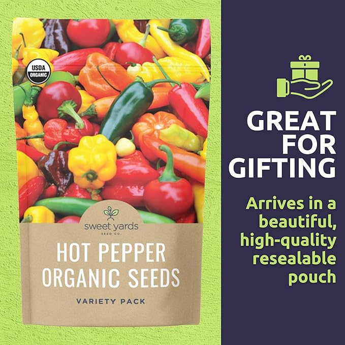 Organic Hot Pepper Seeds Variety Pack - 8 Individual Packs - 2025 Season - Habanero, Jalapeno, Cayenne, Anaheim and More! for Indoor & Outdoor Planting (Non-GMO, Certified Organic)