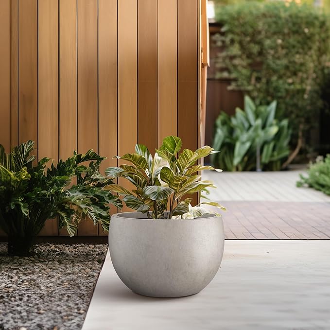 Kante 11.8" Dia Round Concrete Planter, Outdoor/Indoor Large Bowl Plant Pots with Drainage Hole and Rubber Plug for Garden Patio Balcony Home, Weathered Concrete