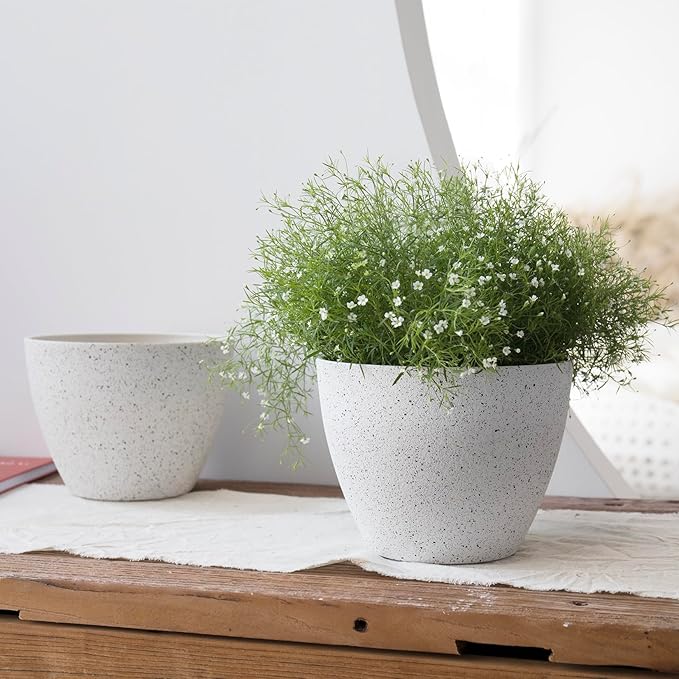 LA JOLIE MUSE Flower Pots Outdoor Garden Planters, Indoor Plant Pots with Drainage Holes, Plastic, Speckled White, Set 2 (7.5 + 7.5 Inch)