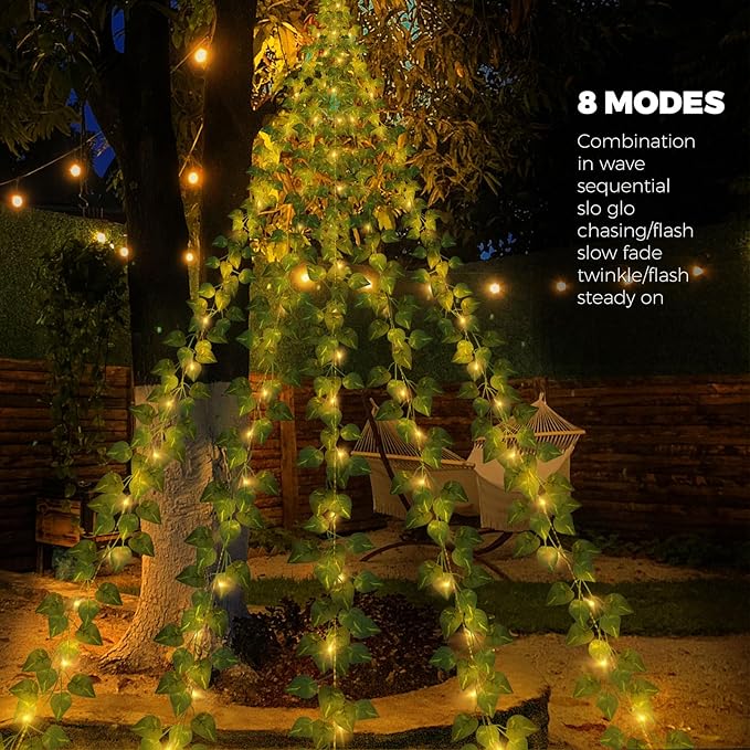 13.5FT*5 Branches Fake Vines with Fairy Lights, Solar Powered Ivy String Lights, 8 Modes Fake Plant Light, Waterproof Triangular Leaf Light for Eaves, Tree, Patio, Garden, Yard, Wedding Decoration