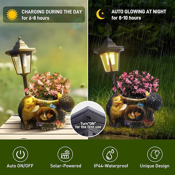 Outdoor Hedgehogs Statues Solar Sculptures with Solar Lights and Flowerpot Funny Garden Decor Animal Figurines Resin Outdoor Statues for Patio Yard Lawn Balcony Gifts