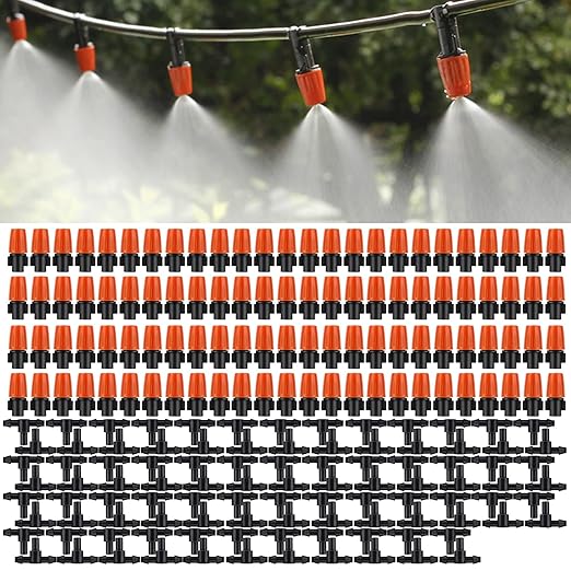 MSDADA 100pcs Micro Spray Adjustable Flow Irrigation Drippers, Garden Adjustable Sprinkler drip Irrigation Mister Heads with 3 Tee Irrigation Misting Drip Kit (Orange)