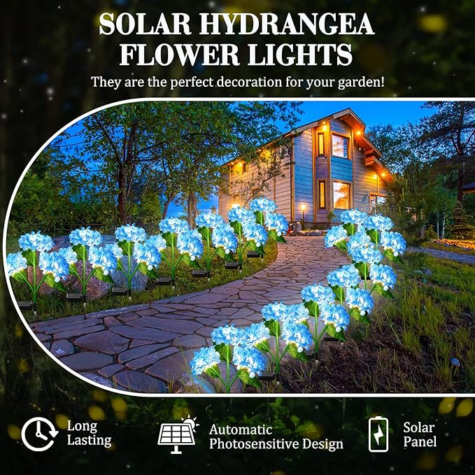 Treela 4 Pack Solar Lights Flowers Outdoor Waterproof Hydrangea Garden Stake Lights Realistic LED Flowers Powered Decorative Ground Solar Flower for Lawn Yard Backyard Decoration Gift(Blue)