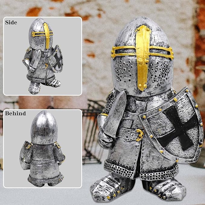 nezababy Knight Gnomes Guard Garden Statue Decoration Medieval Wee Crusader Battle Swordsman Fighting Outdoor Figurines Lawn Decor Resin (C)