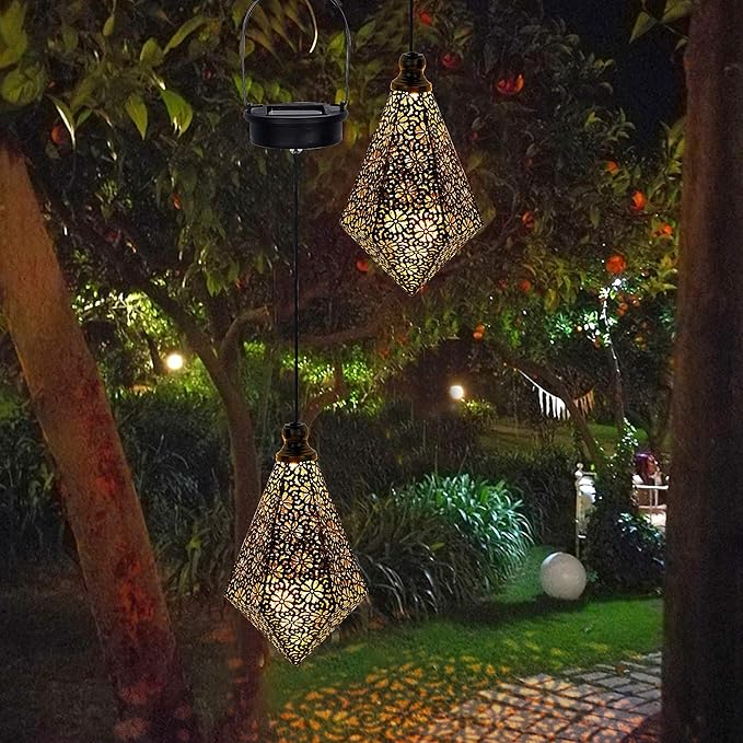 MAGGIFT 2 Pack Solar Hanging Lights, Solar Powered Retro Lantern with Handle, Warm White LED Christmas Garden Lights, Metal Diamond Shape Lamp Waterproof for Outdoor for Yard Tree Fence Patio