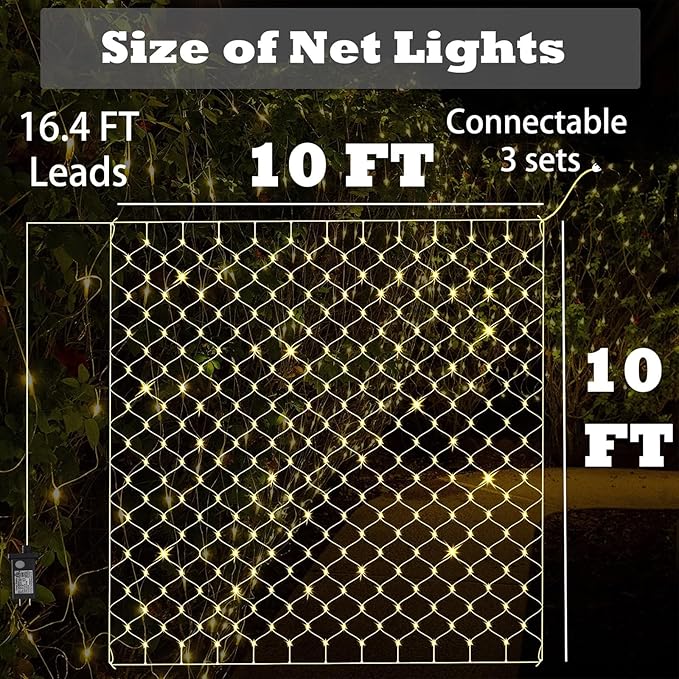 Net Lights Outdoor 10x10 FT, 8 Modes Connectable Mesh Lights with Remote & Timer- Connect 3 Sets, 30×10 FT Coverage, 270 LED Christmas Warm White for Trees, Bushes, Garden, Yard Decorations