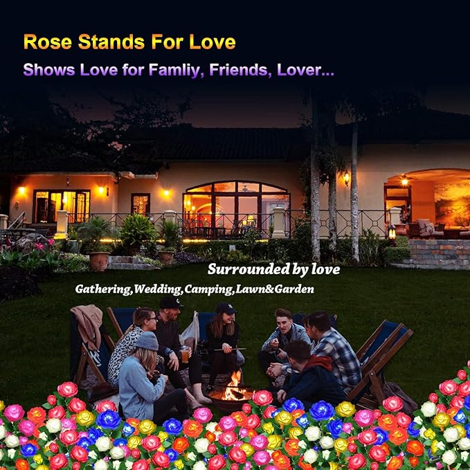 Solar Flower Lights Outdoor - Upgraded New Material Two Modes Realistic LED Solar Powered Waterproof Lights with 5 Roses, Solar Decorative Stake Lights for Garden (Multicolor, 4 Pack)