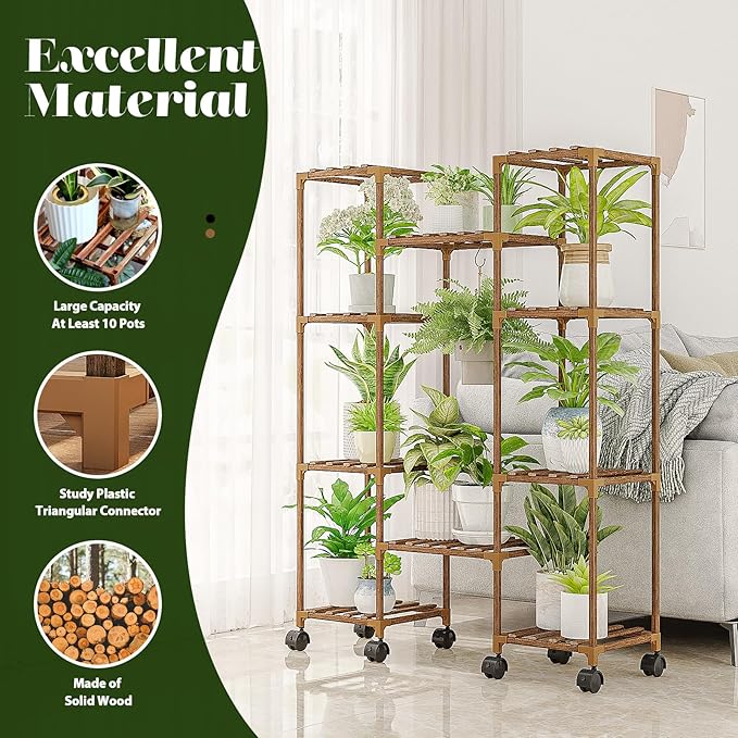 Plant Stand with Wheels Outdoor Indoor Hanging Plant Shelf for Multiple Plants Tall Large Holder for Living Room Patio Balcony Garden Corner Mobile