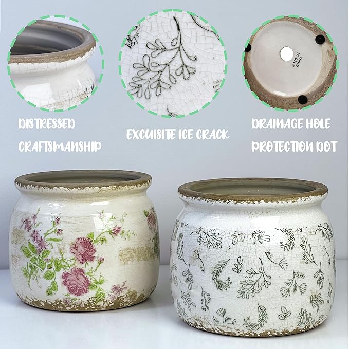 Vintage Ceramic Ice Crack Flower Pot with Drainage Holes, Country Rustic Planters for Indoor and Outdoor,Tuscan Decor,Home,Living Room, Garden Decor, Gardening Gift (Retro)