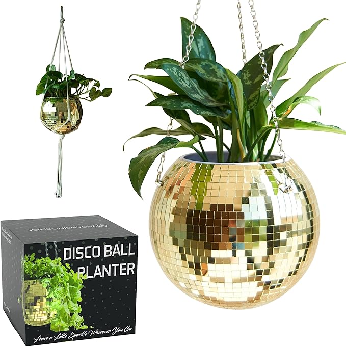 SCANDINORDICA Disco Ball Planter – Value Package: Mirror Disco Planter with Chain, Macrame Hanger and Acrylic Stand for Desk, Includes Self Watering Pot, Plant Accessories | 10 inch Gold