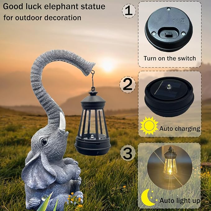 10.6 Inch Statue Elephant with Solar Outdoor Lights for Garden Decor，Lucky Present with Appeal for Birthdays(Man and Women and Family)，Unique Housewarming Presents and Yard Decor. (Gray)