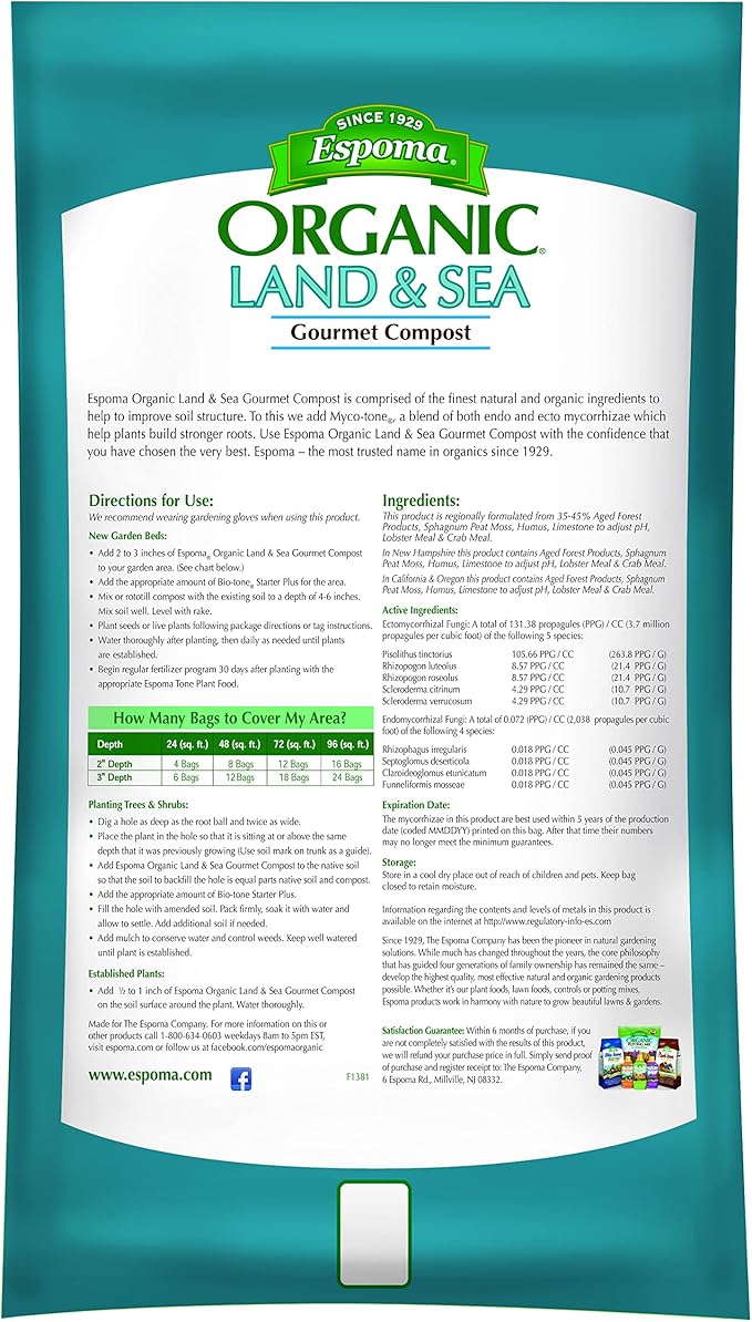 Espoma Organic Land and Sea Gourmet Compost with Lobster & Crab Meal; the Best of Both Worlds! Gourmet Planting Mix for Vegetables, Flowers, Trees & Shrubs. 1 Cubic Foot Bag