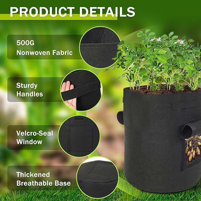 2-Pack 15-Gallon Grow Bags with 2 Flaps and Reinforced Handles,Non-Woven Potato Grow Bags, Heavy-Duty Thickened Aeration Fabric Pots for Potatoes, Tomatoes, Flowers, and Vegetables