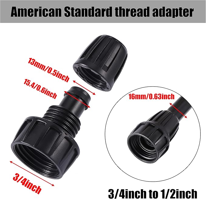 1/2 inch Irrigation Tubing Fittings For (1/2" ID x0.6-0.63" OD) 16mm Drip Tubing Barbed Locked Connectors-5 US Standard 3/4" to 1/2" Faucet Adapters,5 Filter Washers,5 Rubber Washers