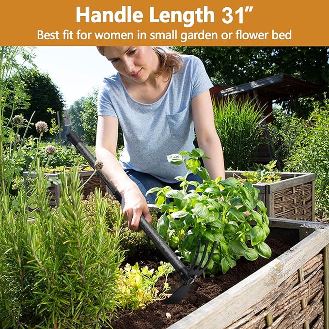 Weeding Tool, Hoe Cultivator 2 in 1 Garden Tools - 31" Heavy Duty Weeder Hand Tiller Weeding Rake for Flower Beds Yard Lawn Gardening Digging Planting