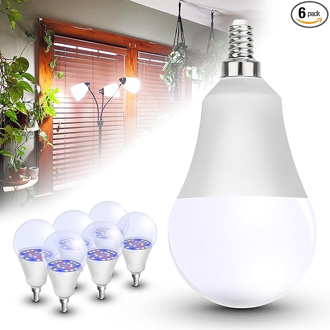 Grow LED Light Bulbs Full Spectrum, E12 12W Small Candelabra Plant Growing Bulbs 100w Equivalent, Balanced Spectrum 5000K Blue Red Sun Grow Plant Bulbs for Flowers,Seed Starting,Indoor Growing,6Pcs