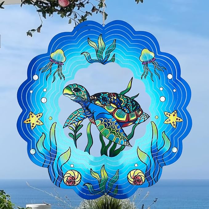 Sea Turtle Wind Spinners 3D Hanging Wind Spinner Sea Turtle Ornament Gifts for Women Mom Grandma,12inch Metal Wind Kinetic Sculpture for Outdoor&Indoor Decor, Yard Art, Garden Decoration