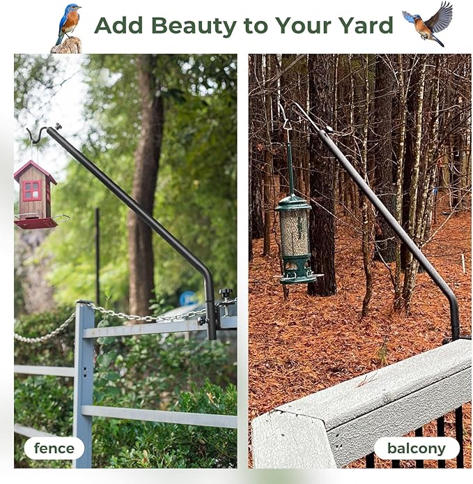 Kingsyard Heavy Duty Deck Hook, 27"-39" Adjustable Metal Deck Railing Hooks for Hanging Bird Feeders, Planters, Suet Baskets, Lanterns, Wind Chimes, Clamp Mounted