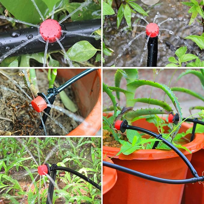 Kalolary 200Pcs Adjustable Irrigation Drippers, 1/4 Inch Barbed Drip Emitter 360 Degree Watering Sprinklers Anti-Clogging Drippers for 4mm/7mm Garden Watering System（Red）