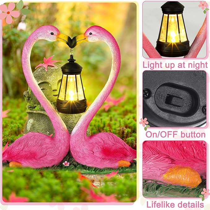 Kiss Flamingo Statue Garden Decor with Solar Lights LED Outdoor Decoration Figurines for Yard Patio, Porch, Home, Flamingo Gift for Mothers Day, Women, Mom, Grandma Anniversary Couple Wife