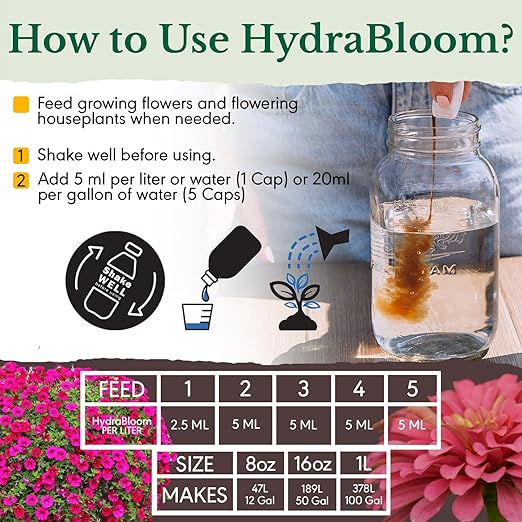 HydraBloom Flower Fertilizer - Indoor and Outdoor All Purpose Bloom Plant Food - Enriched with Kelp - for House Plants, Hanging Baskets, Strawberries - Use in Soil Gardens & Hydroponic Systems - 16oz