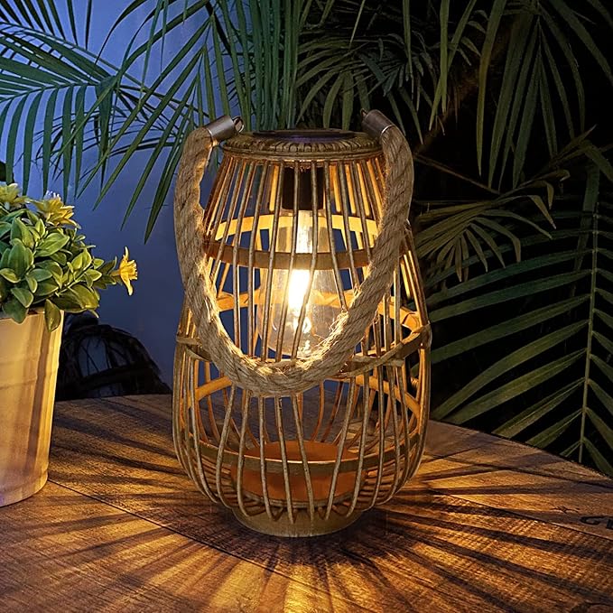 Solar Lantern Outdoor Waterproof Large Rattan Lanterns Decorative Bright Boho Lanterns Lights with Handle Rustic Hanging or Table Lamp for Fence Porch Garden Yard Wedding Decoration