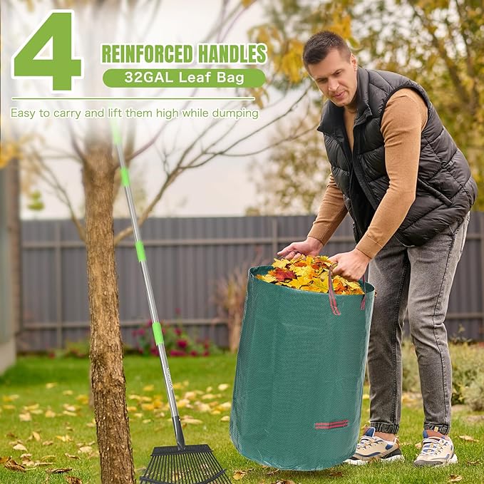 JOYHALO 65 Inch Rake for Leaves, 25 Tines Metal Leaf Rake Set with 32 Gallon Leaf Bags Leaf Scoops, Garden Rake 18in Wide, Rakes for Gardening Lawns Yard Outdoor Camping Shrub Grass Bush