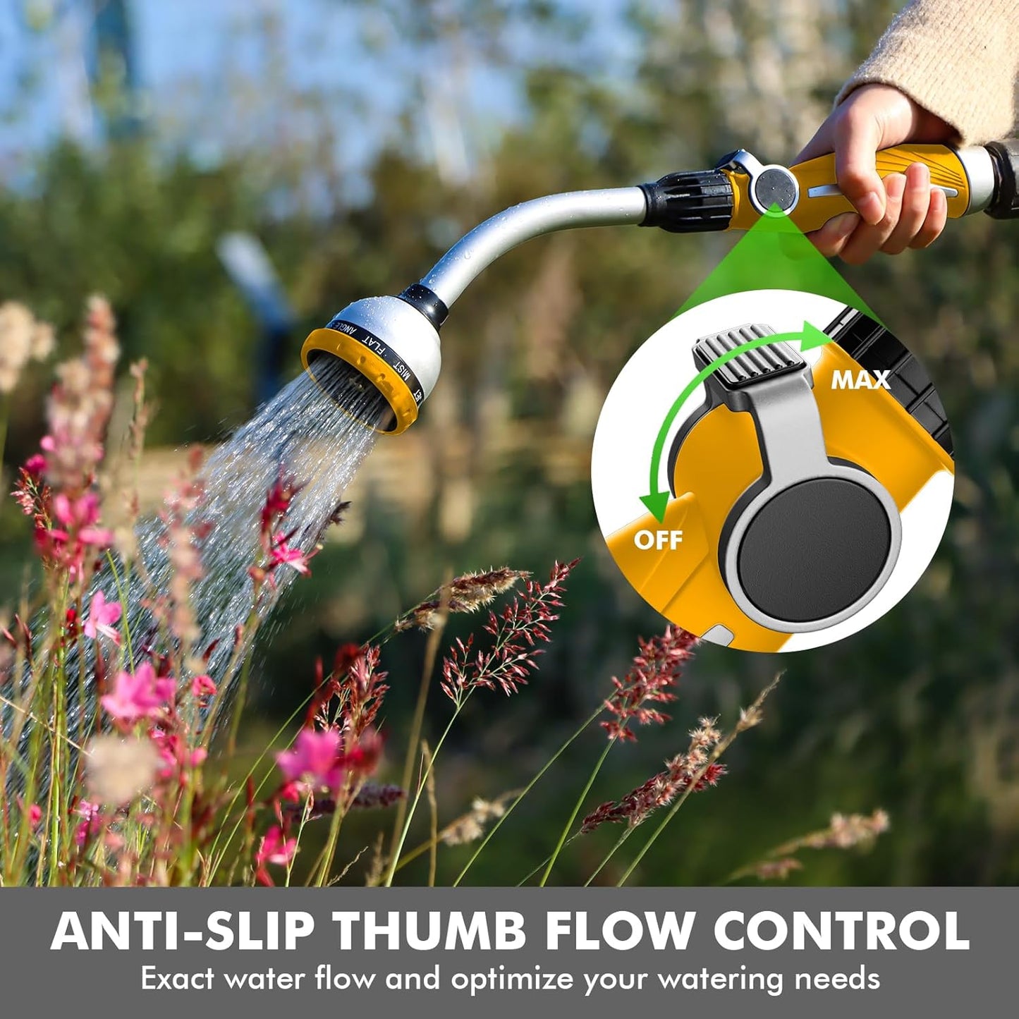 RESTMO Watering Wand Heavy Duty, Metal Garden Hose Wand with 10 Spray Patterns, 15-Inch Long Hose Nozzle Sprayer with Thumb Flow Control, Ideal to Water Hanging Baskets and Shrubs, Yellow