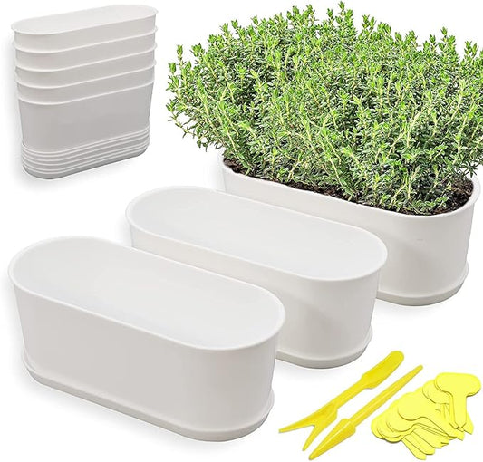 5 Set Window Herb Planter Box Rectangular,8.5x3.5 Inch White Plastic Planters with Multiple Drainage Holes and Trays,Indoor Succulent Cactus Mint Flower Pot for Windowsill,Garden Balcony