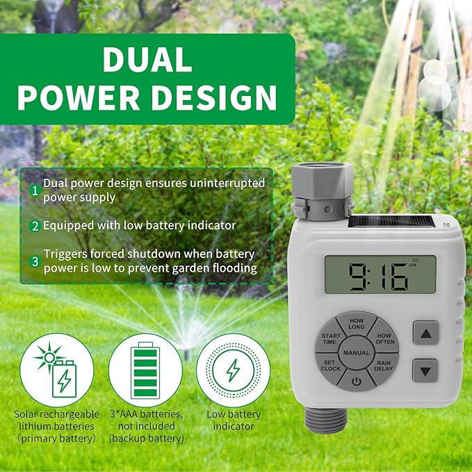 Sprinkler Timer, Zuomeng Water Timer for Garden Hose with Dual Power Design, Professional Anti-Leak Technology, Smart Irrigation with Rain Delay, Automatic/Manual Mode for Efficient Watering, Gray