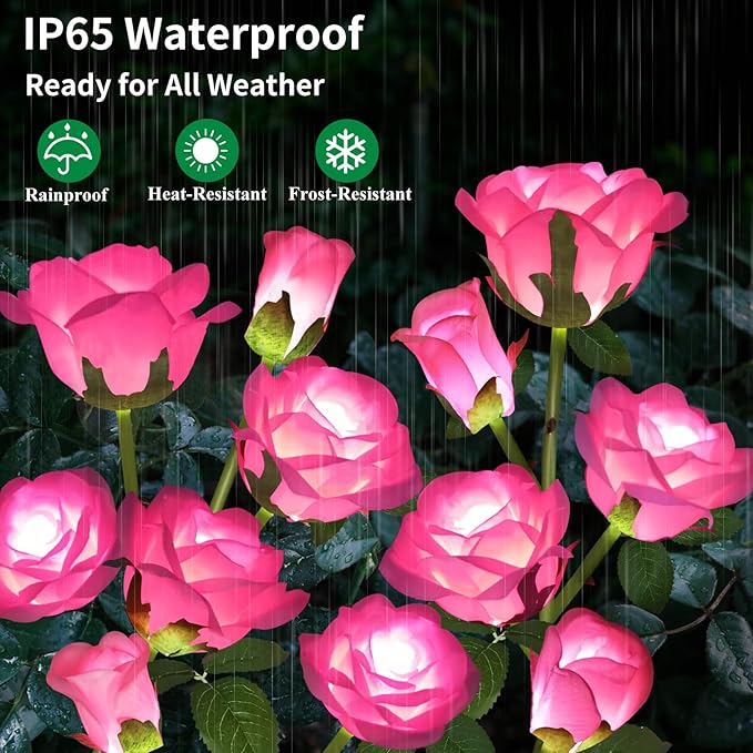 Solar Garden Lights - Realistic 10 Rose Waterproof Solar Powered Flowers for Outside Patio Yard Pathway Decorations, 2 Pack Pink