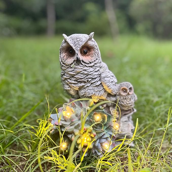 Mother Owl and Child Garden Statue on a Log with Succulent Led Solar Light Outdoor Scuplture Lawn Patio Yard Décor Owl Family Figurine with 7 Led Lights in Plants (Owl Solar)