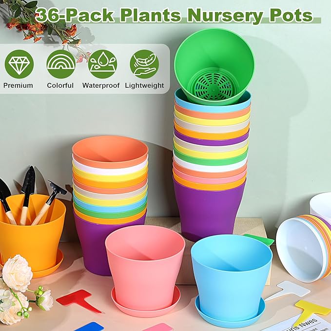 36 Pack 5.5 Inch Plastic Plant Pots with Saucers Colorful Flower Plant Container Seed Starting Pots Thickened Seedlings Nursery Pots for Home Garden Indoor Outdoor Flowers, 9 Colors
