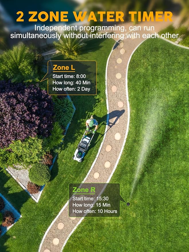 2 Zone Sprinkler Timer with Brass Inlet and Outlet - Water Timer for Garden Hose with Rain Delay/Manual Watering/Automatic Drip Irrigation Controller System for Garden Watering