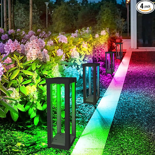 Ourdoor Floor Lamp,4 Pack Solar Powered Lamps RGB Color Changing LED Landscape Lighting Waterproof Street Lights for Patio,Porch, Yard,Garden,Deck (Black)