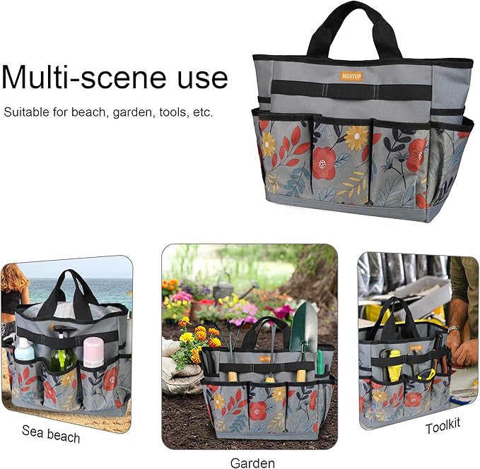 MDSTOP Garden Tool Bag, Garden Tool Kit Holder Home Organizer Storage Carrier, Oxford Garden Hand Tool Storage Tote Organizer with Handle and 8 Roomy Pockets, Floral Gardening Gift, Tools Not Included