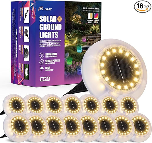 Flumy Solar Ground Lights,16 Pack Solar Lights Outdoor Waterproof, Solar Garden Lights for Outside Patio Pathway Yard Lawn Driveway Deck Step Walkway, Outdoor Chrismtas Decorations