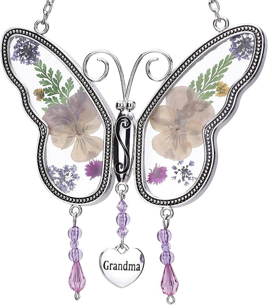 Laraine Butterfly Suncatcher with Pressed Colourful Flower Wings Mom Mother's Day Butterfly Glass Wind Chime Ornament Charm with Metal Heart Gifts for Mom Grandma Birthday (Yellow Grandma)