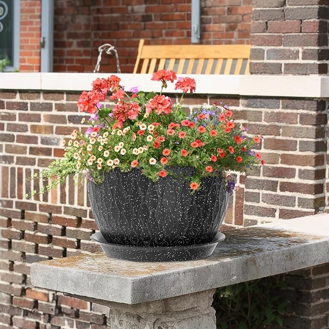 12/10/9 inch Large Flower Pots, 3 Set Big Plant Pots for Outdoor Indoor Plants with Water Ripples, Wide Plastic Planters with Drainage Holes and Saucers for Garden House Plants, Speckled Black