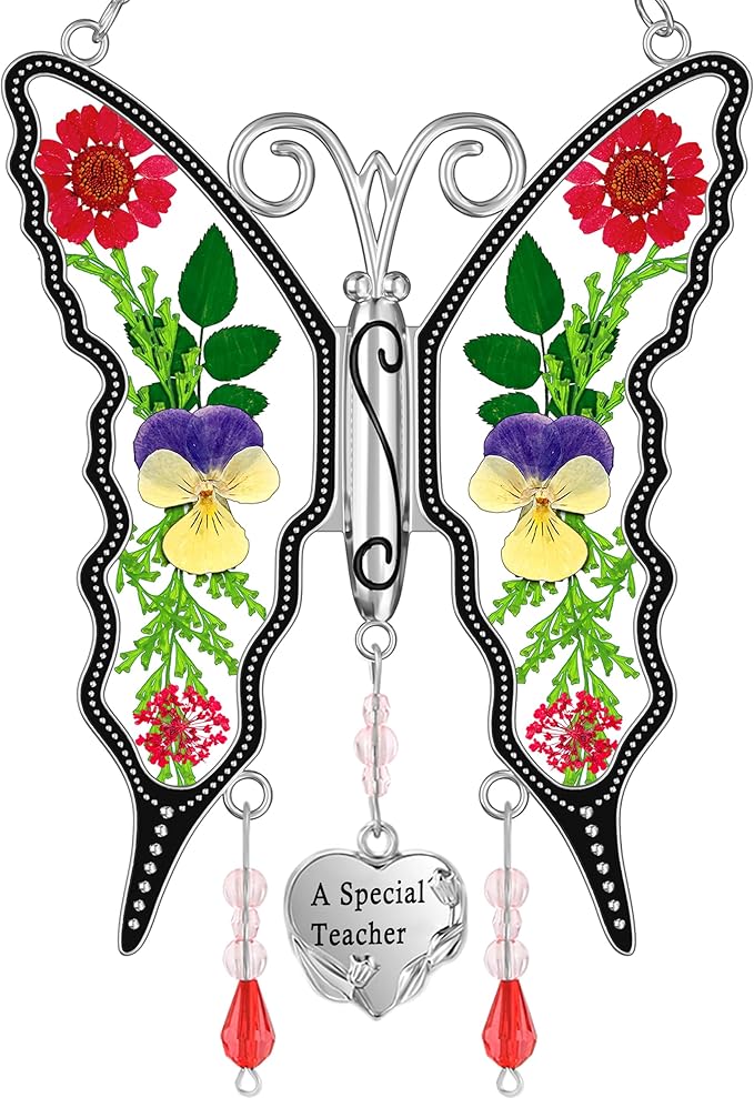 KY&BOSAM Butterfly Suncatcher A Special Teacher Stain Glass Suncatchers for Window Hanging Wind Chime with Pressed Flower Wings in Glass and Heart Charm Birthday Gift for Teacher`s Mother`s Day Gifts