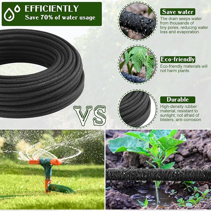 Sasylvia 1/4 Inch Porous Soaker Hose Save Water Drip Line Irrigation Garden Soaker Drip Irrigation Tubing Heavy Duty Soaker Irrigation System for Watering Hydroponics Vegetable Beds, Black (300 ft)
