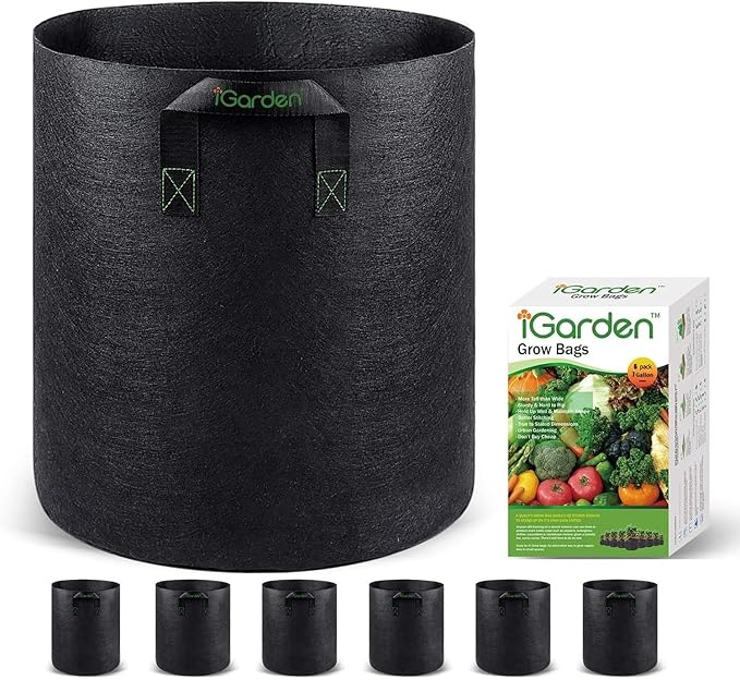 Grow Bags Tall, 7 Gallon Grow Pots 6 Pack with Handles, Heavy Duty 280G Thickened Nonwoven Fabric Plant Bag for Vegetables, Black