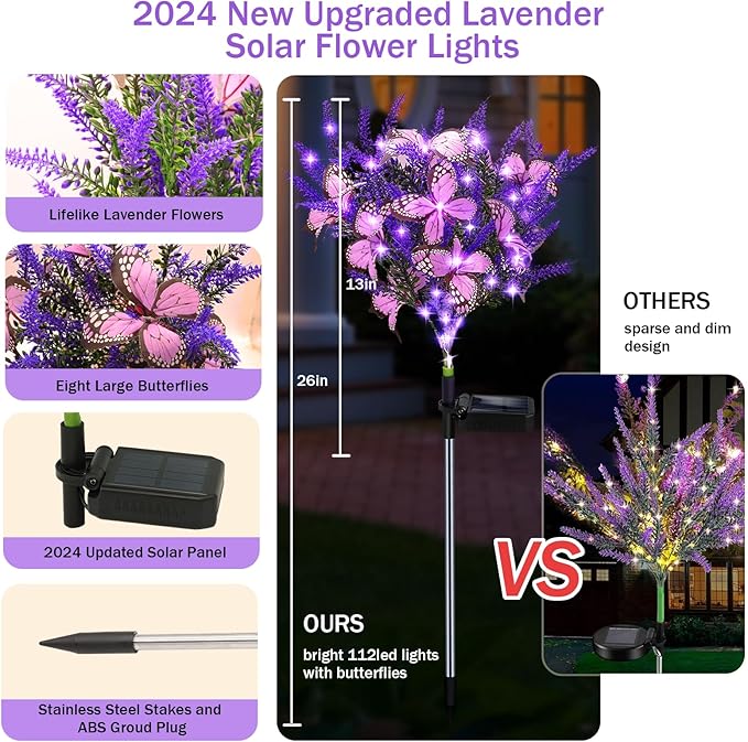 Solar Garden Lights Outdoor, 4 Pack Purple Lavender Solar Butterfly Lights Gardening Gifts for Women, Purple Artificial Flower with Butterfly Garden Decor for Lawn Patio