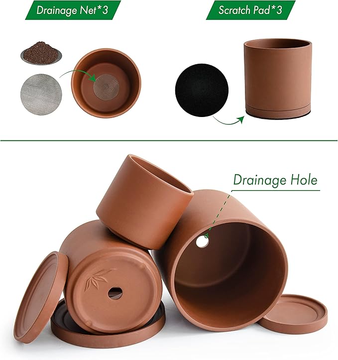 D'vine Dev Rust Terracotta Pots for Plants, 4.2 Inch 5.3 Inch 6.5 Inch, Succulent Planter Pot with Drainage and Saucer, 40-T-A-3