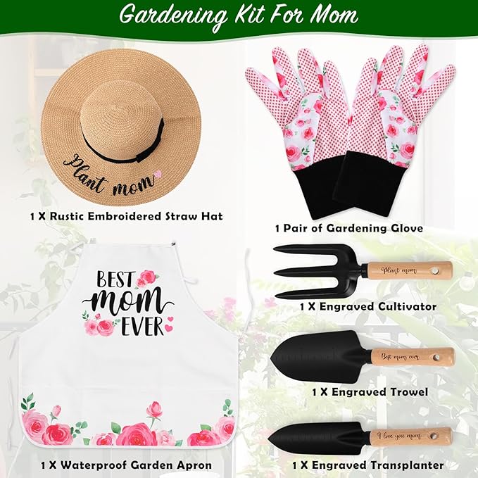 Percozzi Mom Birthday Gifts Pink Gardening Tools Kit Rose Planting Tools Straw Hat Floral Apron Glove Women Spring Mother's Day Basket for Her Mother Plant Lovers Outdoor Horticulture Starter